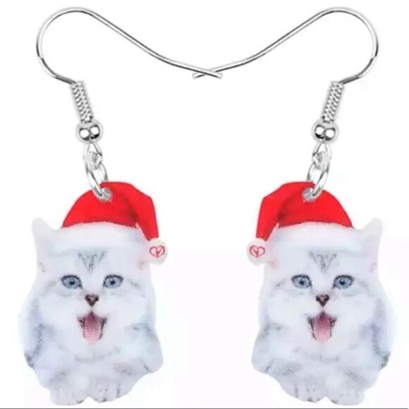 Santa Kitty Cat Earrings Christmas Grey White - Picture 1 of 4